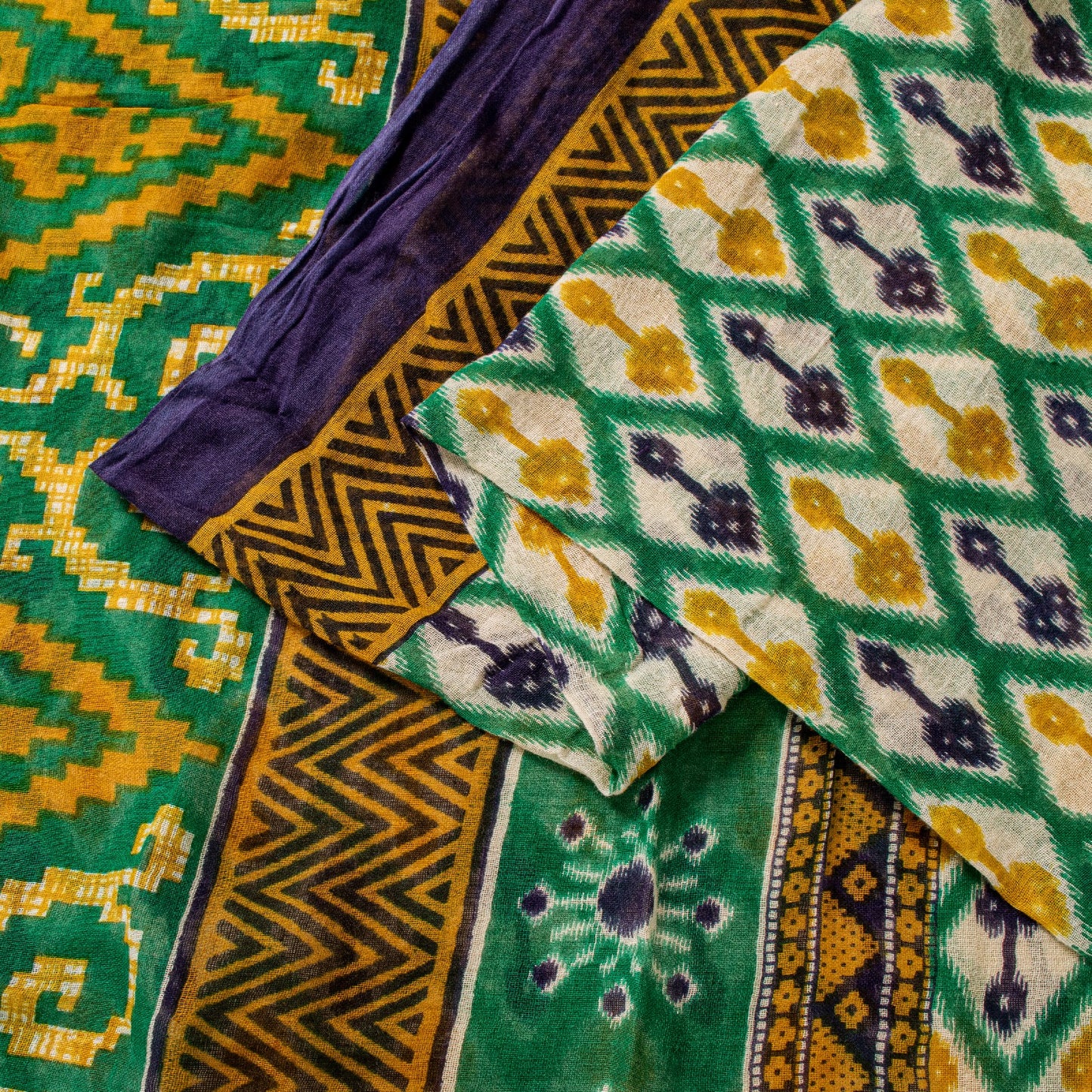 Sanskriti Vintage Green Pure Cotton Saree Patola Ikat Printed Gujrat Sari 5+YD