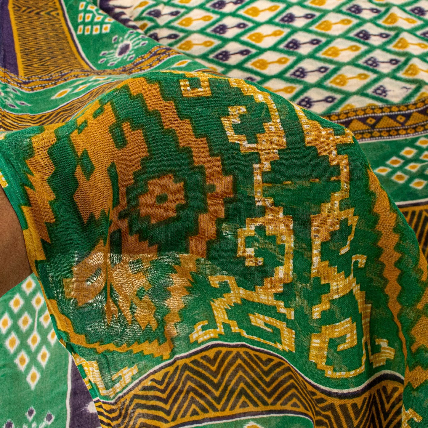 Sanskriti Vintage Green Pure Cotton Saree Patola Ikat Printed Gujrat Sari 5+YD
