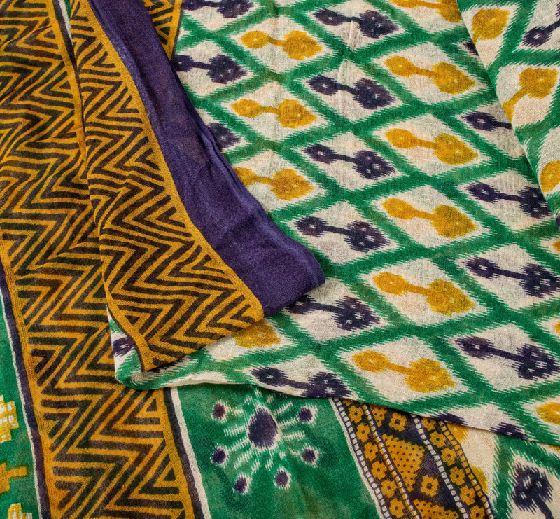 Sanskriti Vintage Green Pure Cotton Saree Patola Ikat Printed Gujrat Sari 5+YD