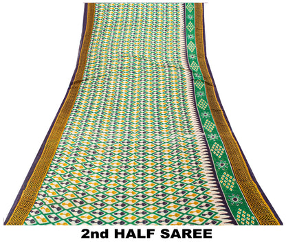 Sanskriti Vintage Green Pure Cotton Saree Patola Ikat Printed Gujrat Sari 5+YD