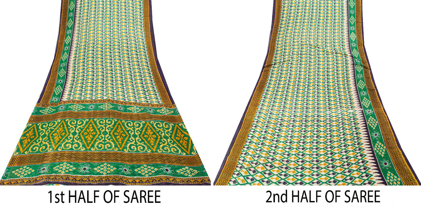 Sanskriti Vintage Green Pure Cotton Saree Patola Ikat Printed Gujrat Sari 5+YD