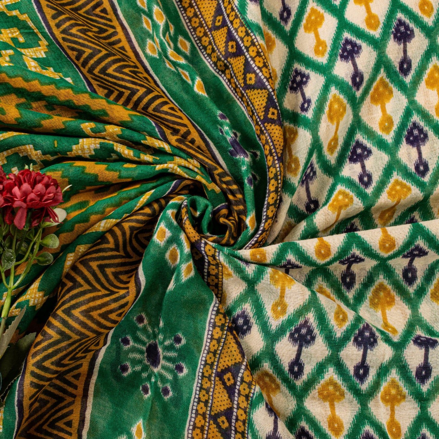 Sanskriti Vintage Green Pure Cotton Saree Patola Ikat Printed Gujrat Sari 5+YD