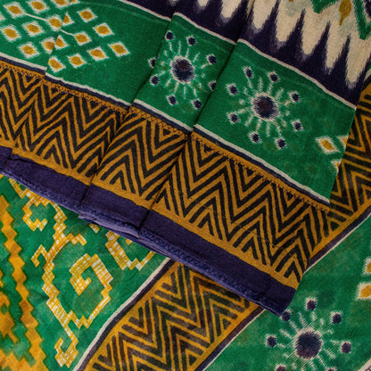 Sanskriti Vintage Green Pure Cotton Saree Patola Ikat Printed Gujrat Sari 5+YD