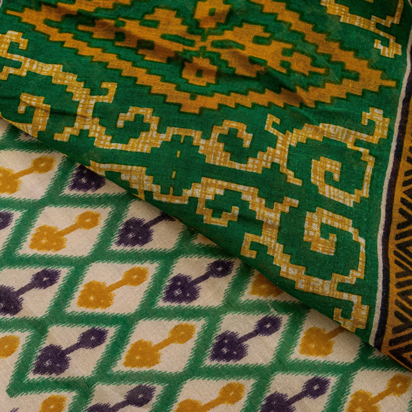 Sanskriti Vintage Green Pure Cotton Saree Patola Ikat Printed Gujrat Sari 5+YD