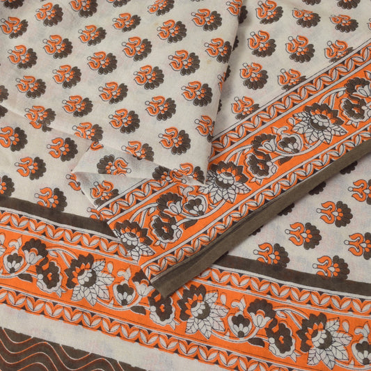 Sanskriti Vintage Soft Off-White Pure Cotton Saree Floral Block Print Sari 5.5YD