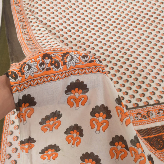 Sanskriti Vintage Soft Off-White Pure Cotton Saree Floral Block Print Sari 5.5YD