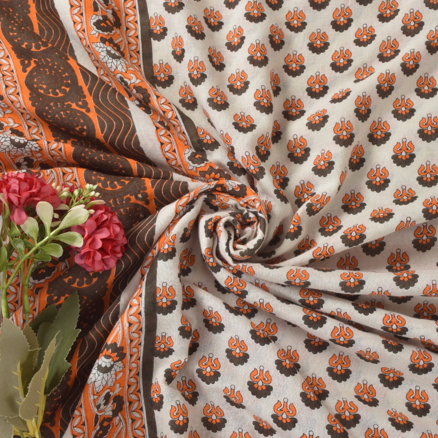 Sanskriti Vintage Soft Off-White Pure Cotton Saree Floral Block Print Sari 5.5YD