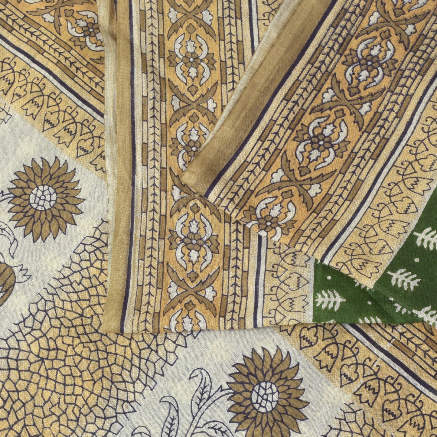 Sanskriti Vintage Soft Green Pure Cotton Saree Hand Block Kalamkari Sari 5.5Yard