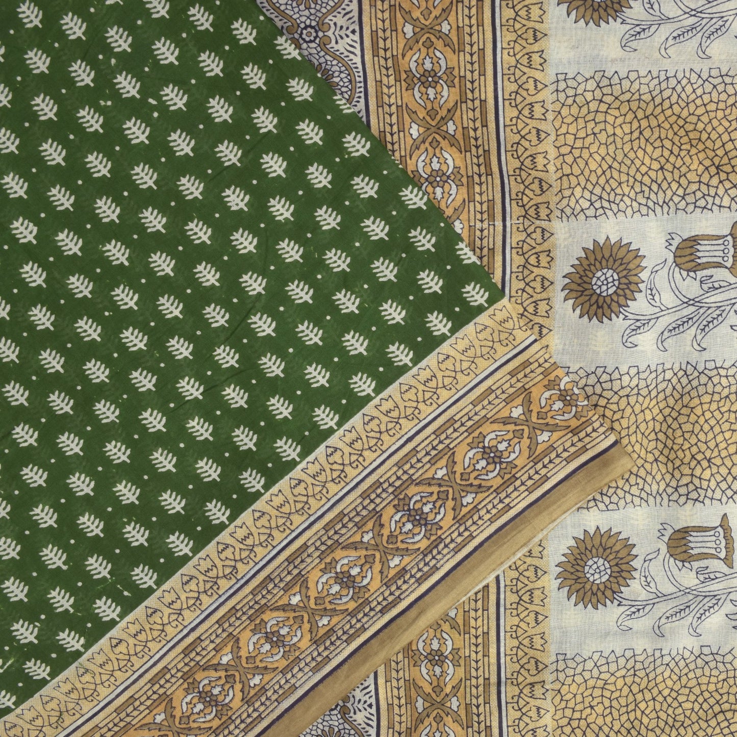 Sanskriti Vintage Soft Green Pure Cotton Saree Hand Block Kalamkari Sari 5.5Yard