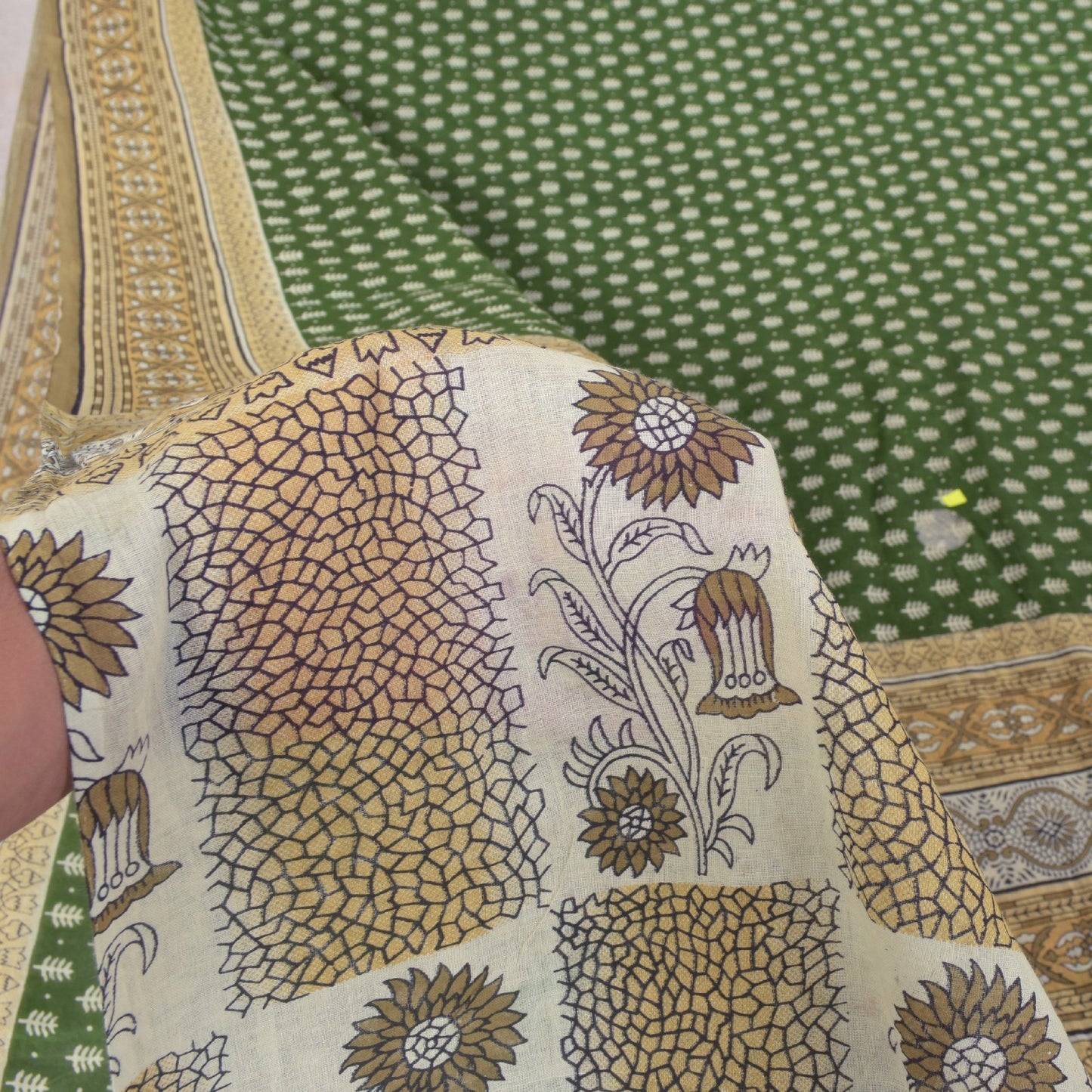 Sanskriti Vintage Soft Green Pure Cotton Saree Hand Block Kalamkari Sari 5.5Yard