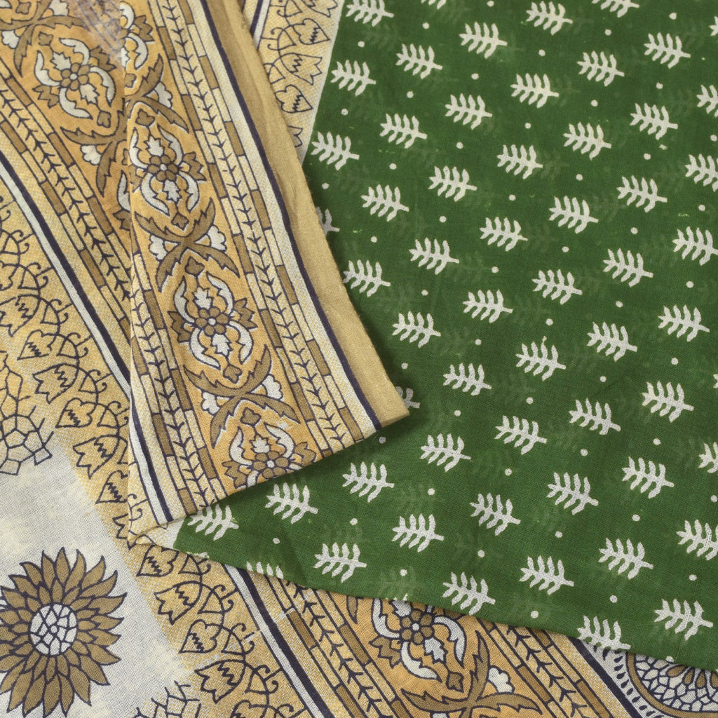 Sanskriti Vintage Soft Green Pure Cotton Saree Hand Block Kalamkari Sari 5.5Yard