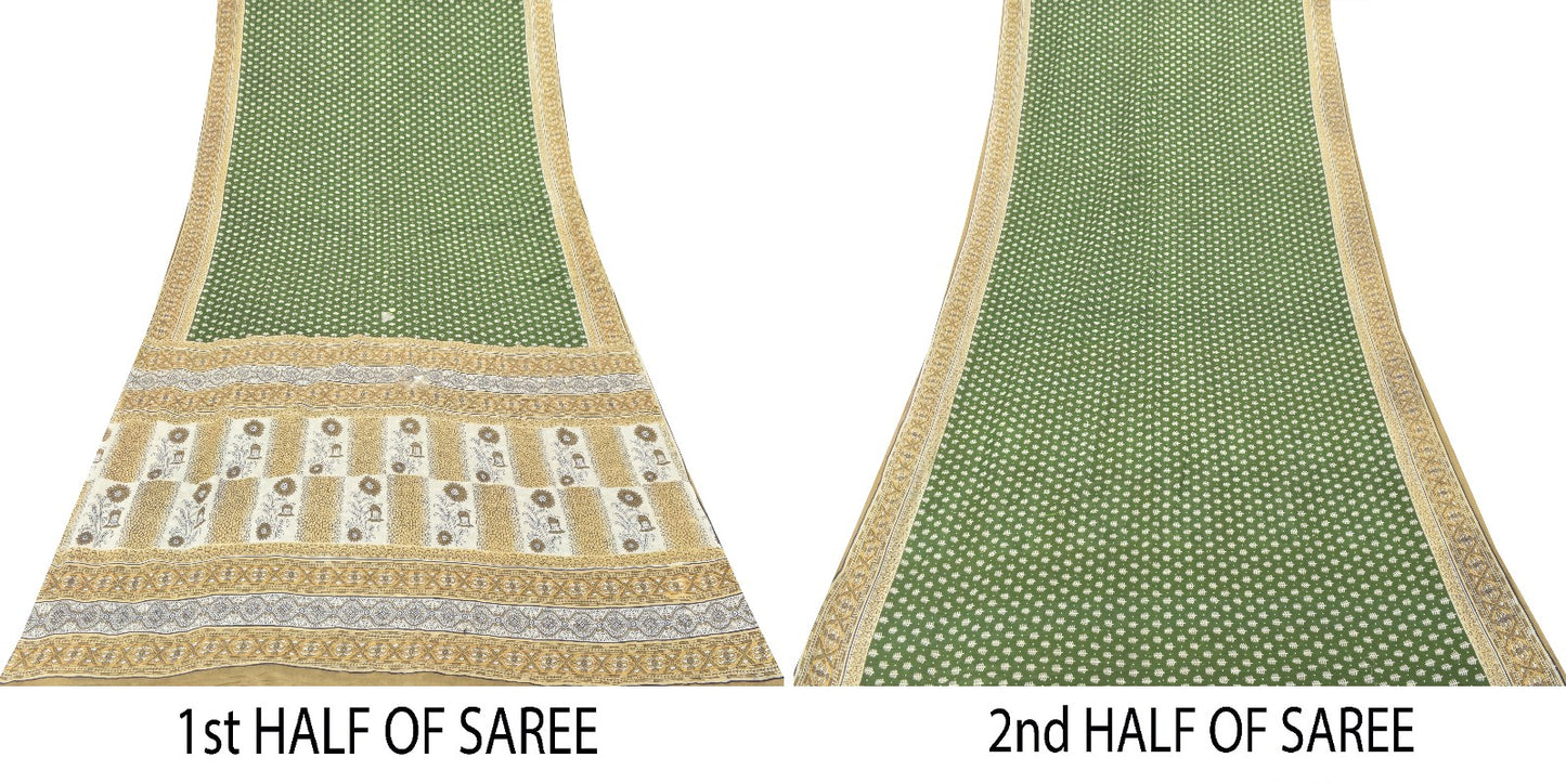 Sanskriti Vintage Soft Green Pure Cotton Saree Hand Block Kalamkari Sari 5.5Yard