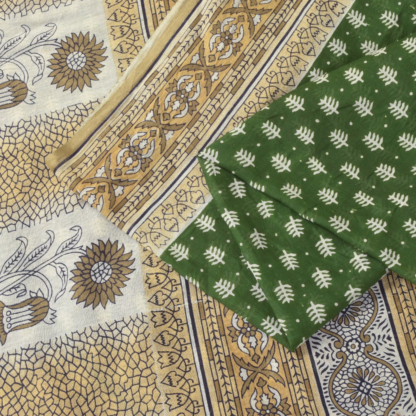 Sanskriti Vintage Soft Green Pure Cotton Saree Hand Block Kalamkari Sari 5.5Yard