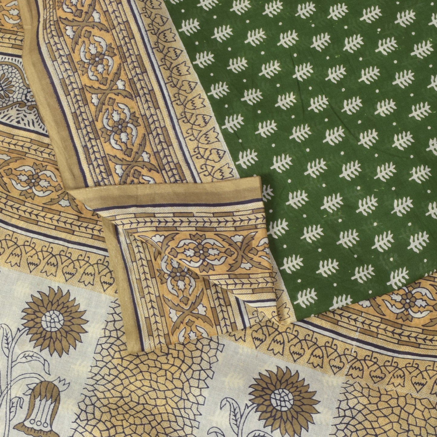 Sanskriti Vintage Soft Green Pure Cotton Saree Hand Block Kalamkari Sari 5.5Yard
