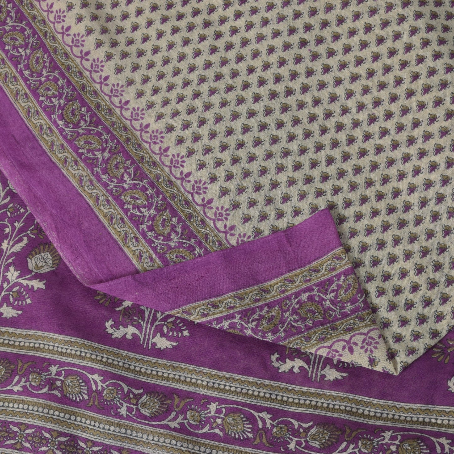 Sanskriti Vintage Soft Purple-White Pure Cotton Saree Block Printed Sari 5.5YARD