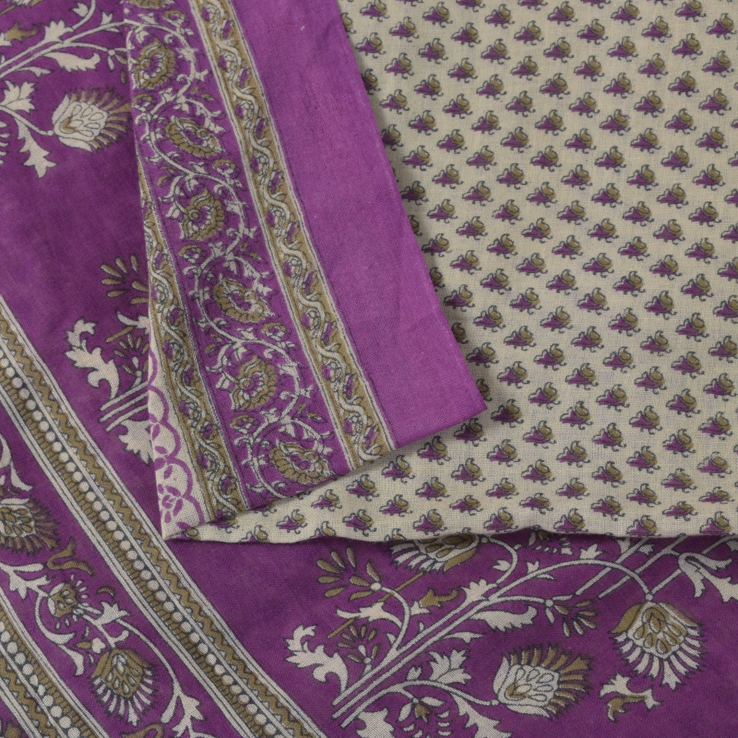 Sanskriti Vintage Soft Purple-White Pure Cotton Saree Block Printed Sari 5.5YARD