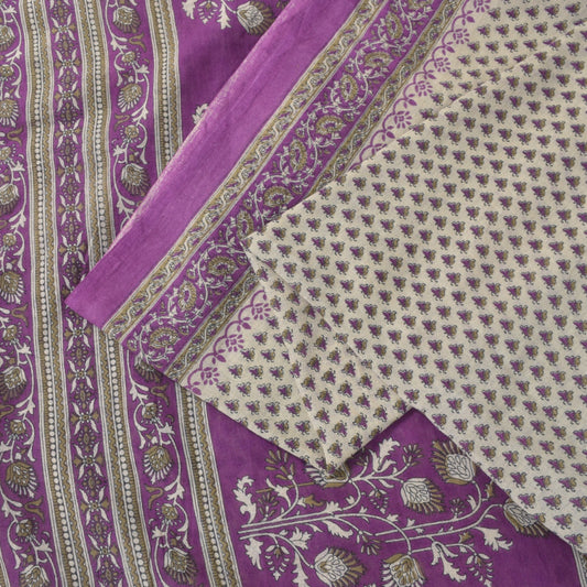 Sanskriti Vintage Soft Purple-White Pure Cotton Saree Block Printed Sari 5.5YARD