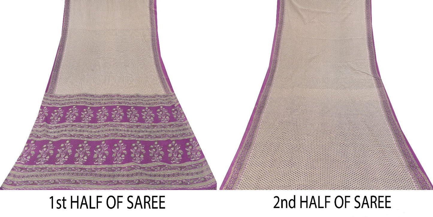 Sanskriti Vintage Soft Purple-White Pure Cotton Saree Block Printed Sari 5.5YARD