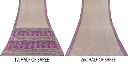 Sanskriti Vintage Soft Purple-White Pure Cotton Saree Block Printed Sari 5.5YARD