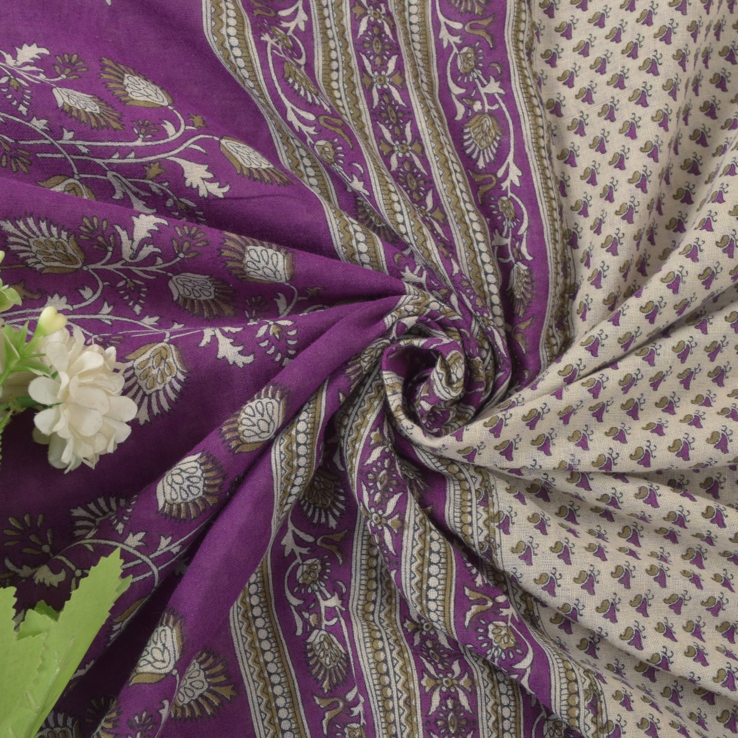 Sanskriti Vintage Soft Purple-White Pure Cotton Saree Block Printed Sari 5.5YARD