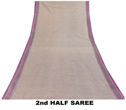 Sanskriti Vintage Soft Purple-White Pure Cotton Saree Block Printed Sari 5.5YARD