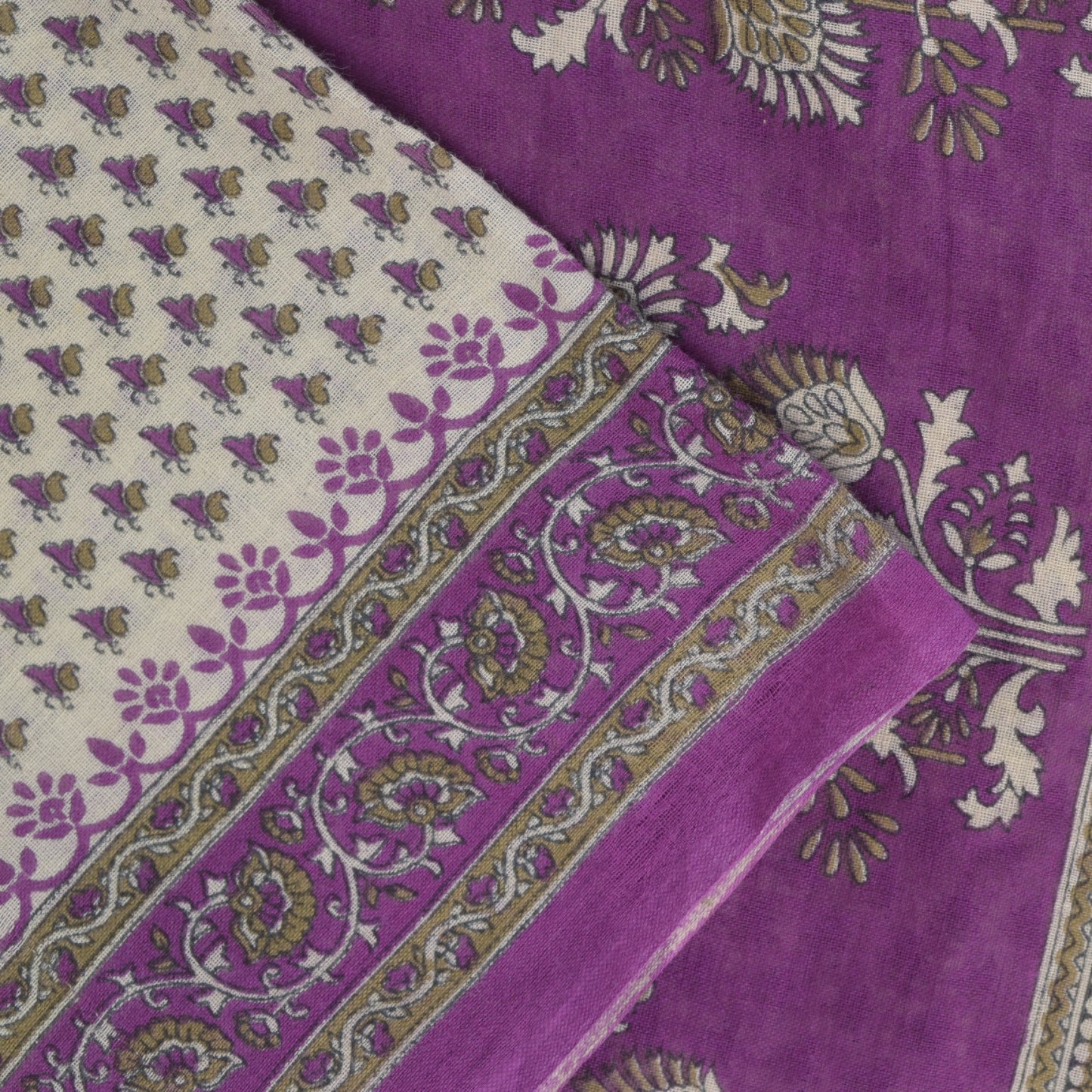 Sanskriti Vintage Soft Purple-White Pure Cotton Saree Block Printed Sari 5.5YARD