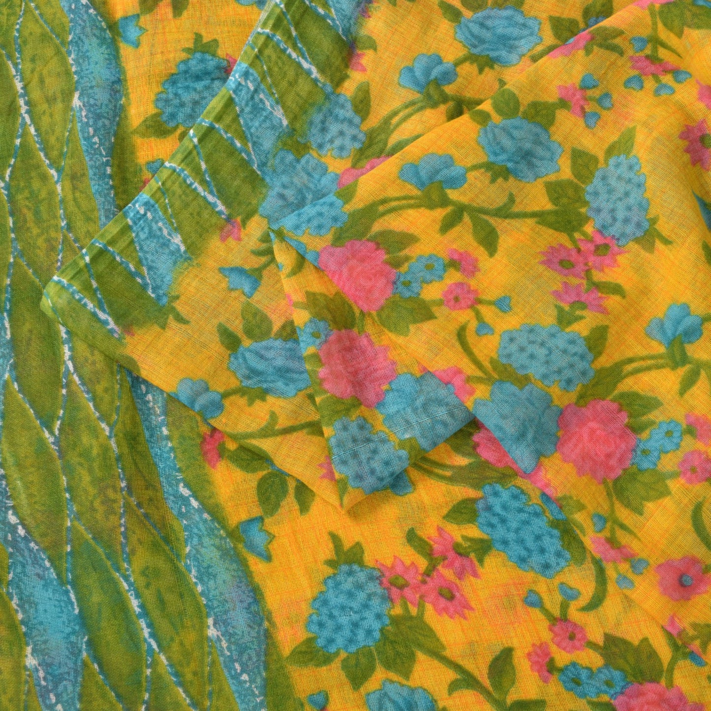Sanskriti Vintage Yellow-Green Pure Cotton Saree Floral Rotary Print Sari 5+YD