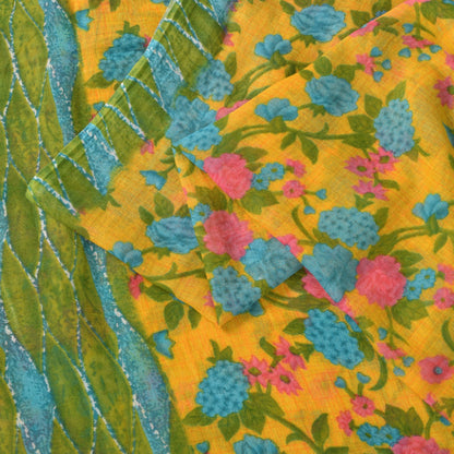Sanskriti Vintage Yellow-Green Pure Cotton Saree Floral Rotary Print Sari 5+YD
