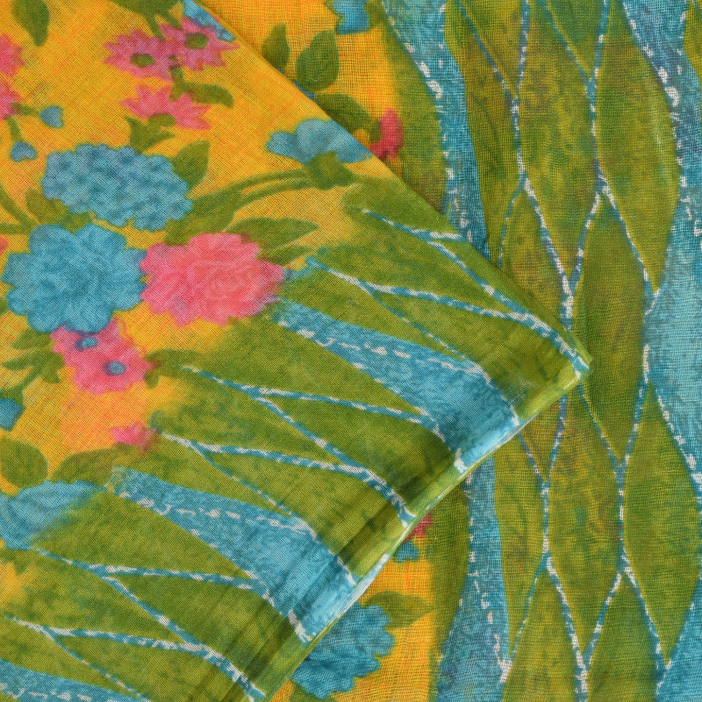 Sanskriti Vintage Yellow-Green Pure Cotton Saree Floral Rotary Print Sari 5+YD