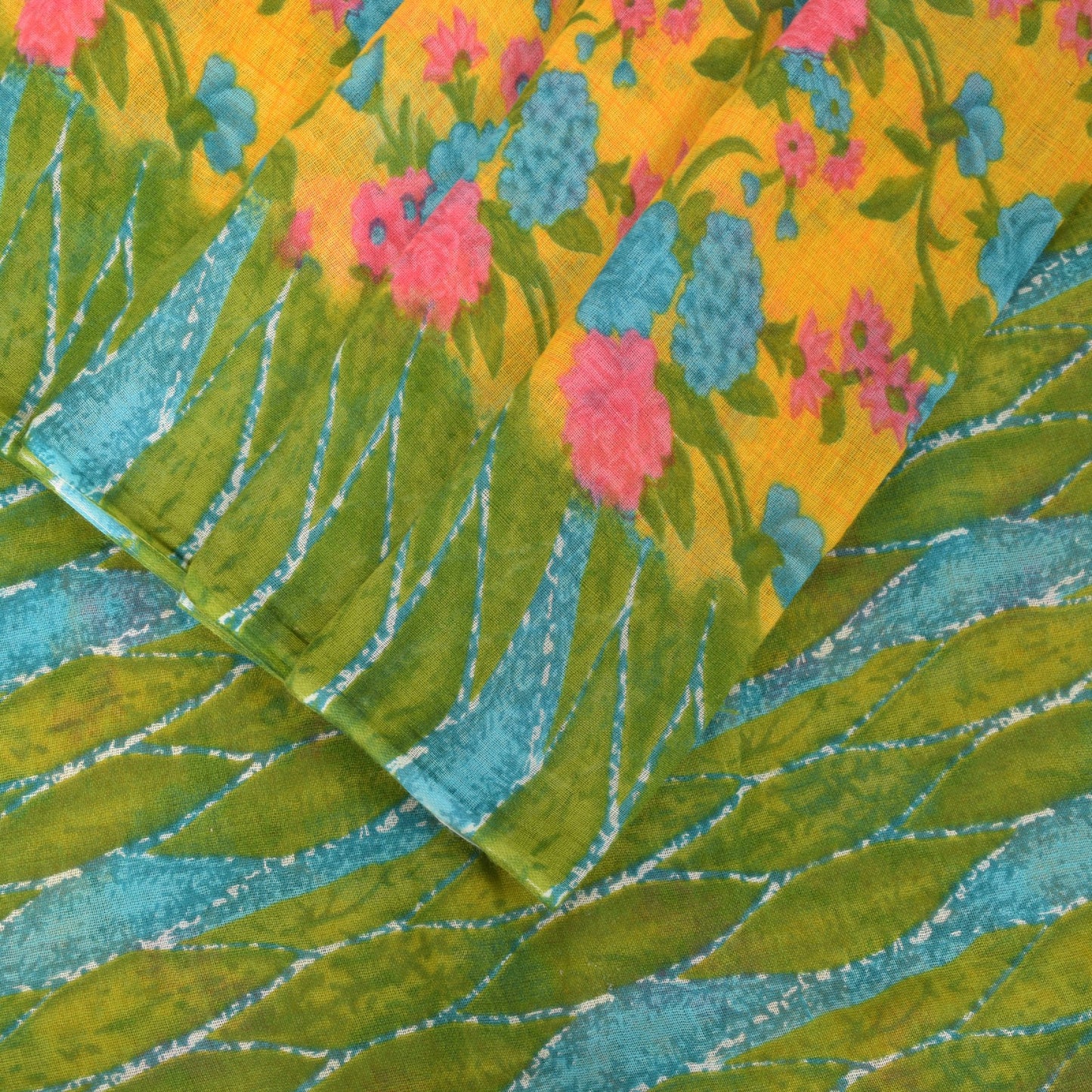 Sanskriti Vintage Yellow-Green Pure Cotton Saree Floral Rotary Print Sari 5+YD