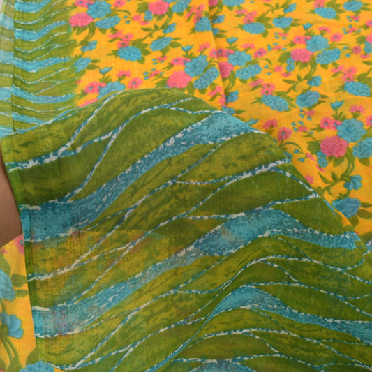 Sanskriti Vintage Yellow-Green Pure Cotton Saree Floral Rotary Print Sari 5+YD