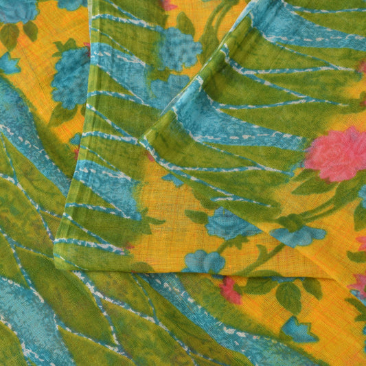 Sanskriti Vintage Yellow-Green Pure Cotton Saree Floral Rotary Print Sari 5+YD