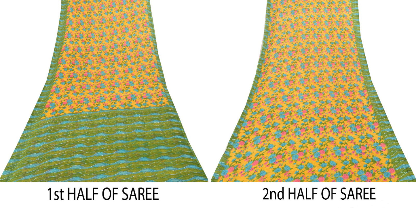 Sanskriti Vintage Yellow-Green Pure Cotton Saree Floral Rotary Print Sari 5+YD