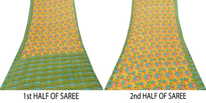 Sanskriti Vintage Yellow-Green Pure Cotton Saree Floral Rotary Print Sari 5+YD