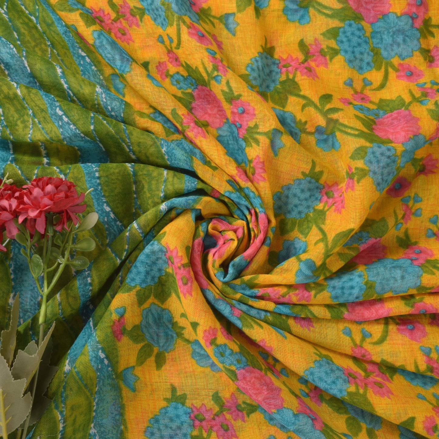 Sanskriti Vintage Yellow-Green Pure Cotton Saree Floral Rotary Print Sari 5+YD