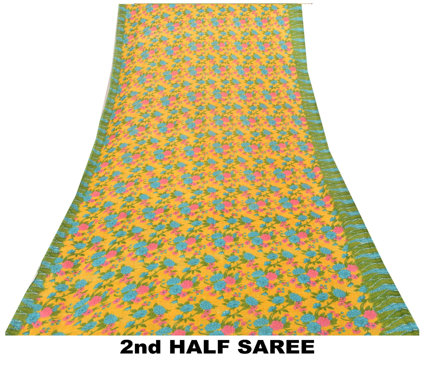 Sanskriti Vintage Yellow-Green Pure Cotton Saree Floral Rotary Print Sari 5+YD