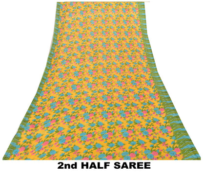 Sanskriti Vintage Yellow-Green Pure Cotton Saree Floral Rotary Print Sari 5+YD