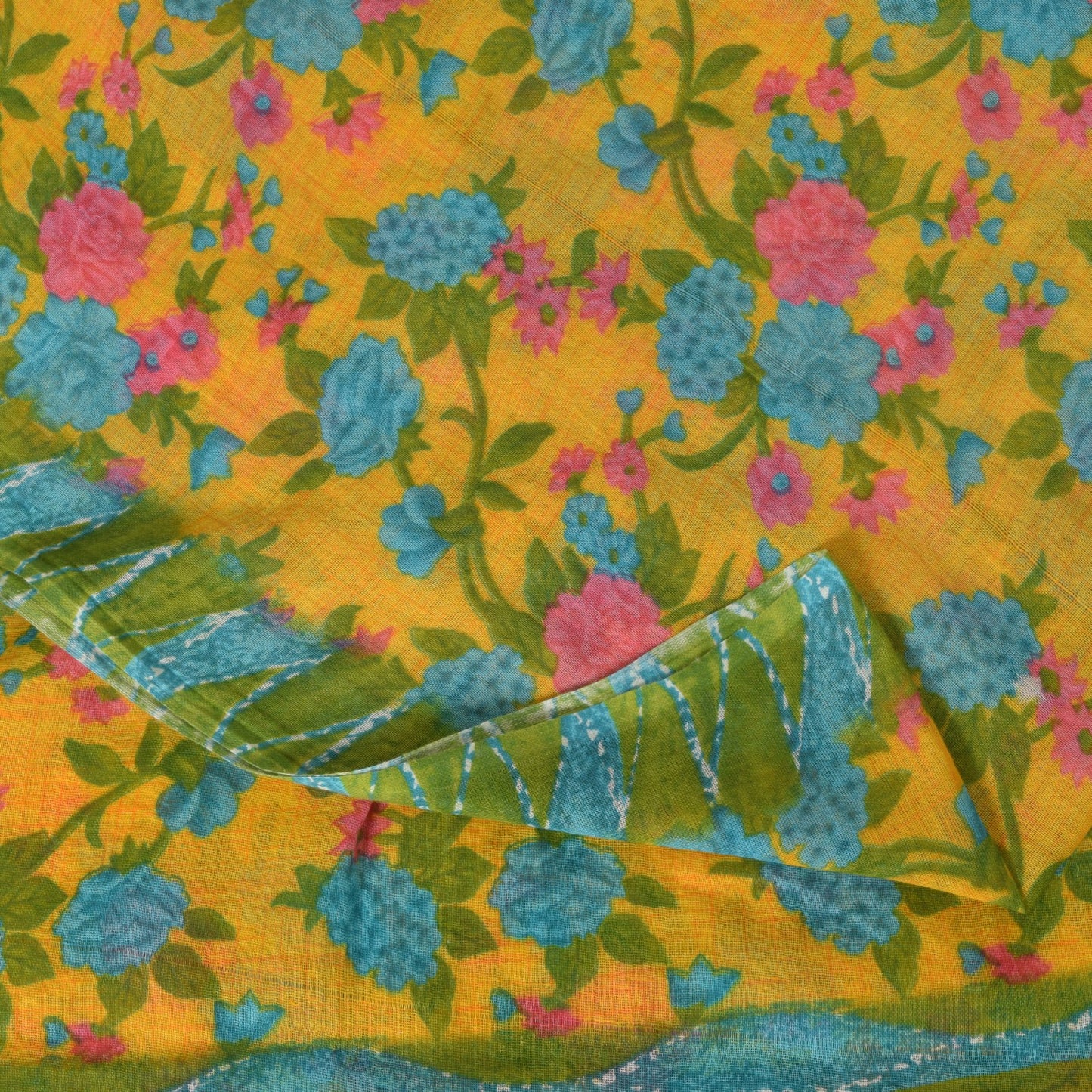 Sanskriti Vintage Yellow-Green Pure Cotton Saree Floral Rotary Print Sari 5+YD