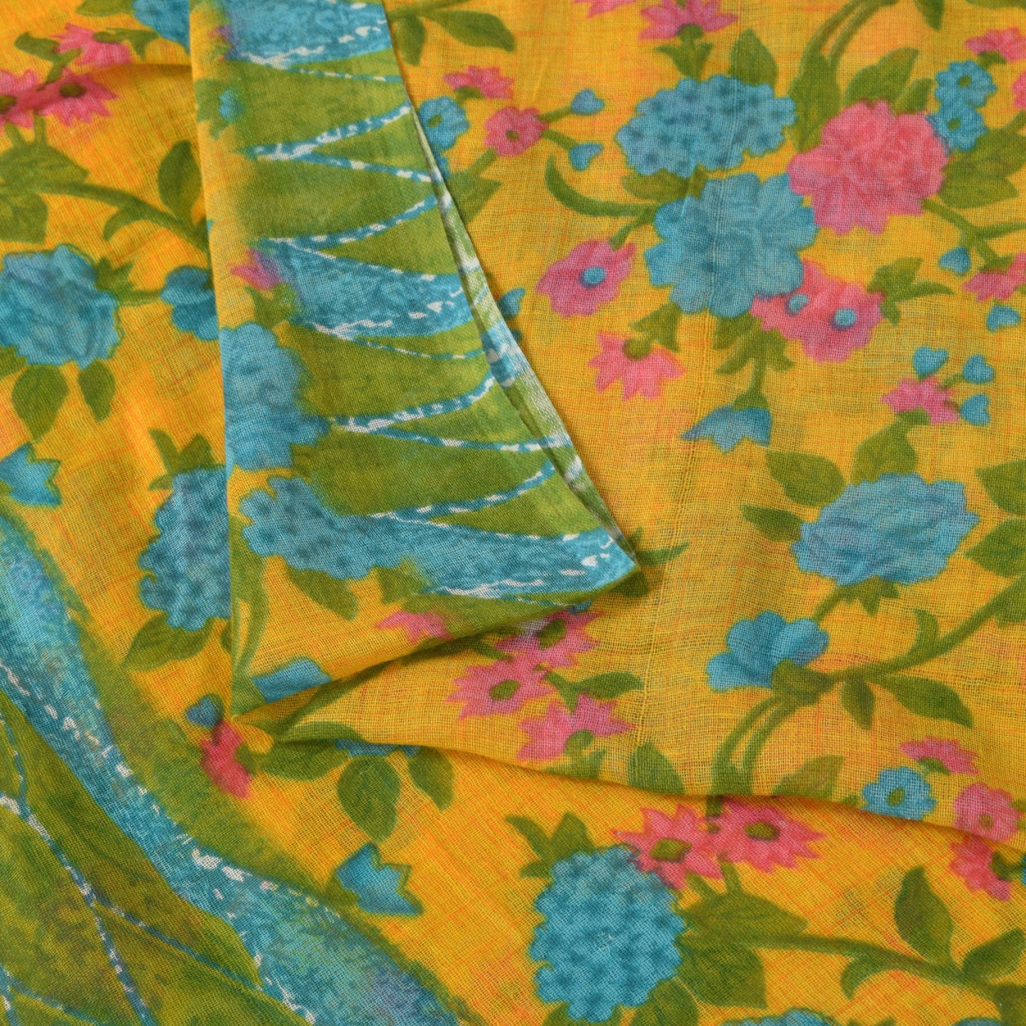 Sanskriti Vintage Yellow-Green Pure Cotton Saree Floral Rotary Print Sari 5+YD