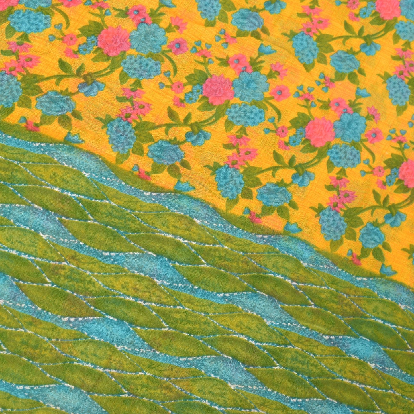 Sanskriti Vintage Yellow-Green Pure Cotton Saree Floral Rotary Print Sari 5+YD