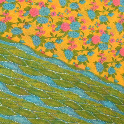 Sanskriti Vintage Yellow-Green Pure Cotton Saree Floral Rotary Print Sari 5+YD
