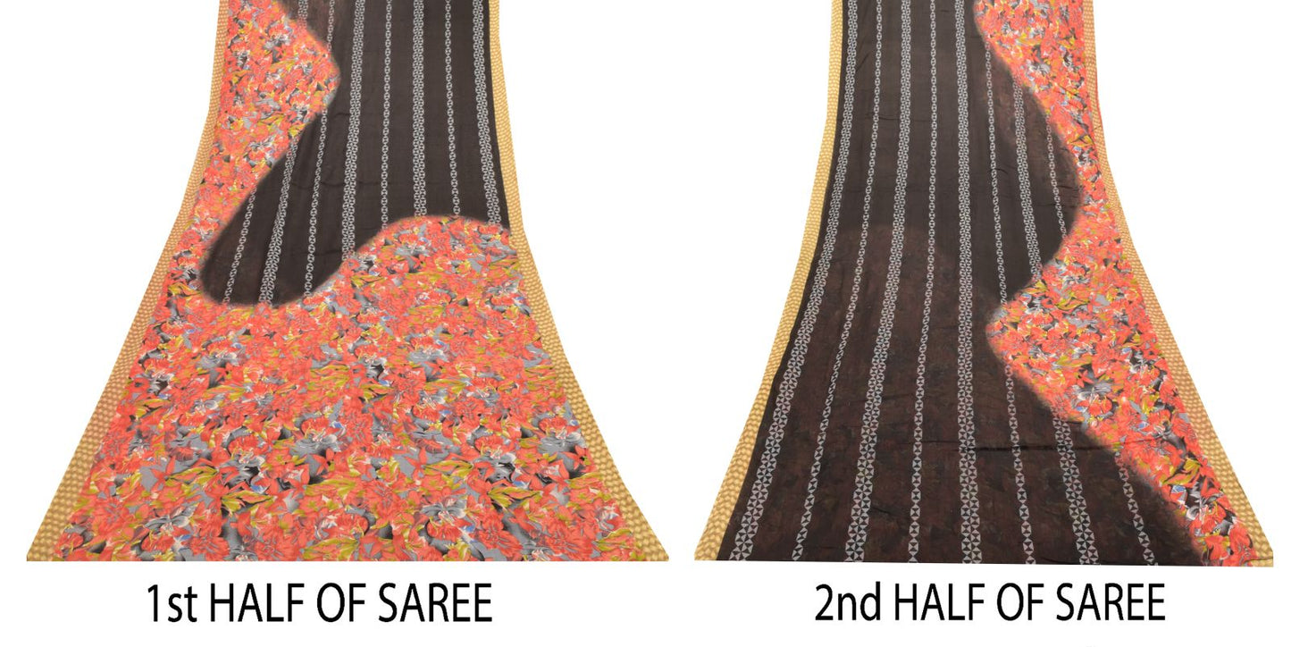 Sanskriti Vintage Black Soft Pure Cotton Saree Floral Digital Printed Sari 5+YD