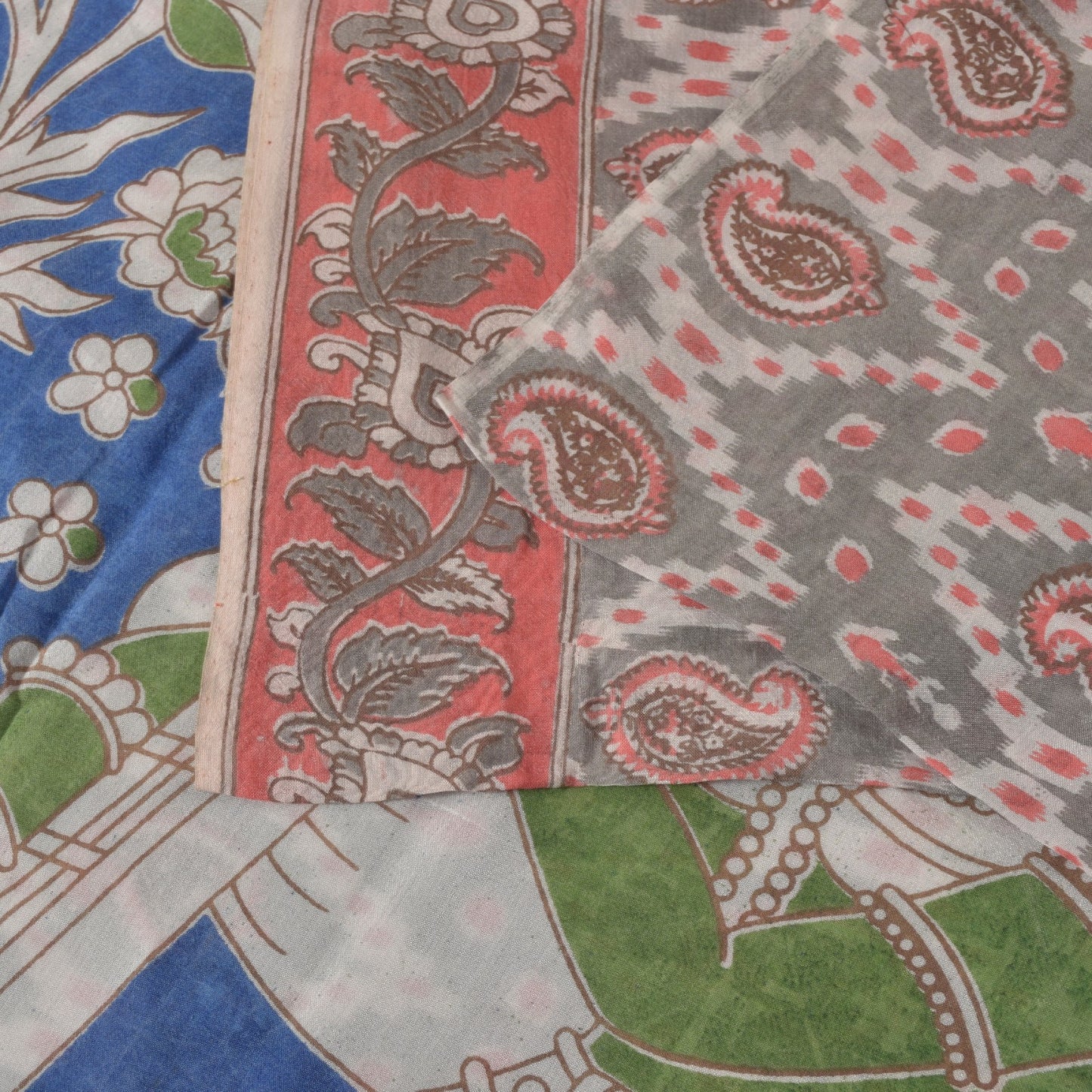 Sanskriti Vintage Soft Gray Pure Cotton Saree Handmade Kalamkari IndiaSari 5.5YD