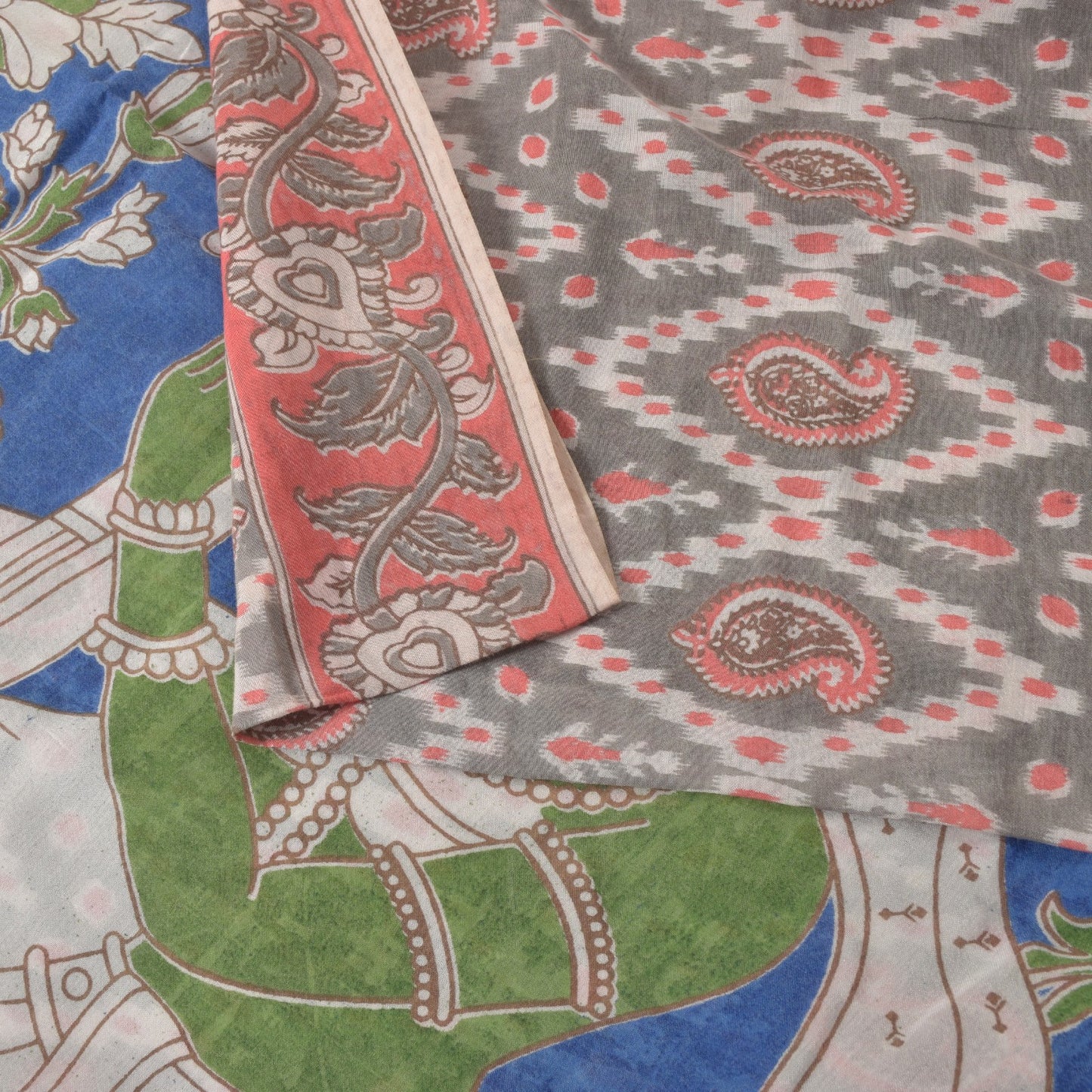 Sanskriti Vintage Soft Gray Pure Cotton Saree Handmade Kalamkari IndiaSari 5.5YD