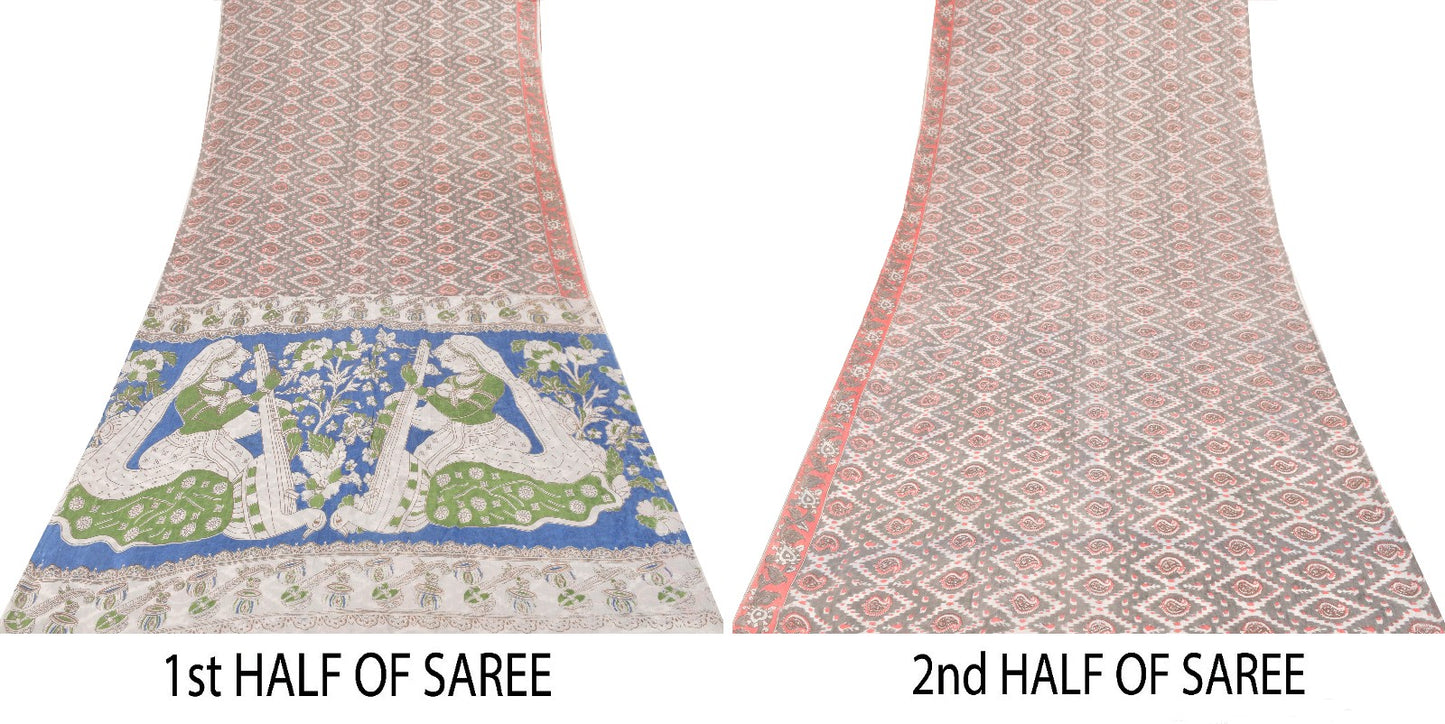 Sanskriti Vintage Soft Gray Pure Cotton Saree Handmade Kalamkari IndiaSari 5.5YD