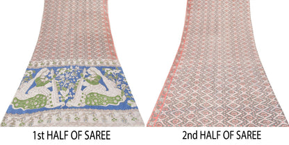 Sanskriti Vintage Soft Gray Pure Cotton Saree Handmade Kalamkari IndiaSari 5.5YD