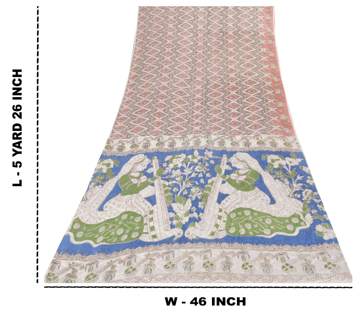 Sanskriti Vintage Soft Gray Pure Cotton Saree Handmade Kalamkari IndiaSari 5.5YD