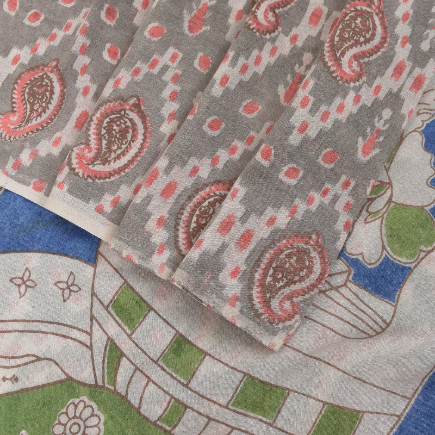 Sanskriti Vintage Soft Gray Pure Cotton Saree Handmade Kalamkari IndiaSari 5.5YD