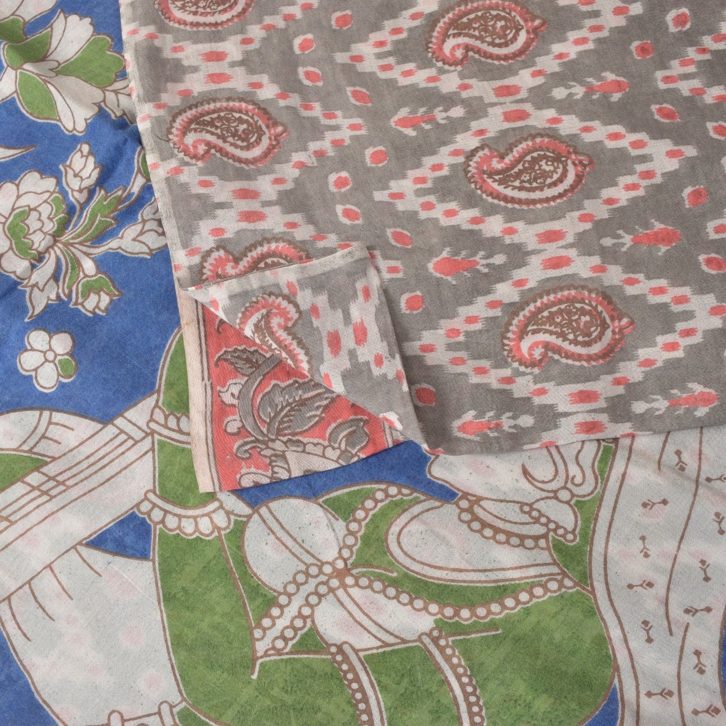 Sanskriti Vintage Soft Gray Pure Cotton Saree Handmade Kalamkari IndiaSari 5.5YD