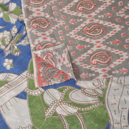 Sanskriti Vintage Soft Gray Pure Cotton Saree Handmade Kalamkari IndiaSari 5.5YD